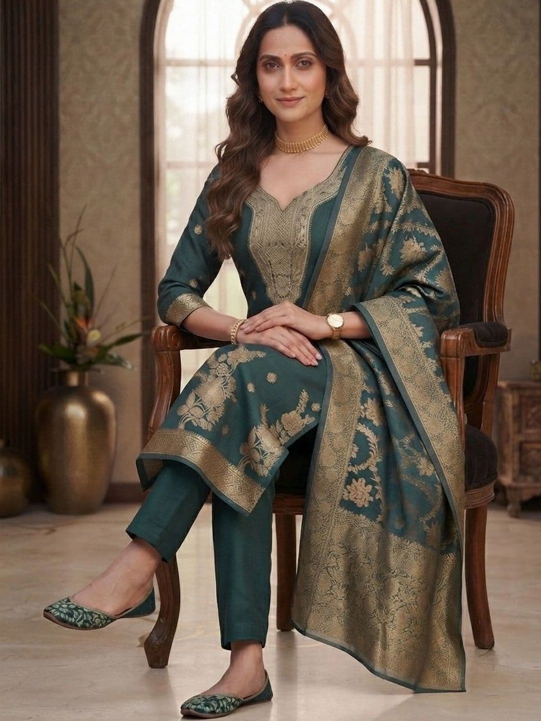 Mitera Women Ethnic Motifs Embroidered Regular Chanderi Silk Kurta with Trousers & With Dupatta thumbnail 2