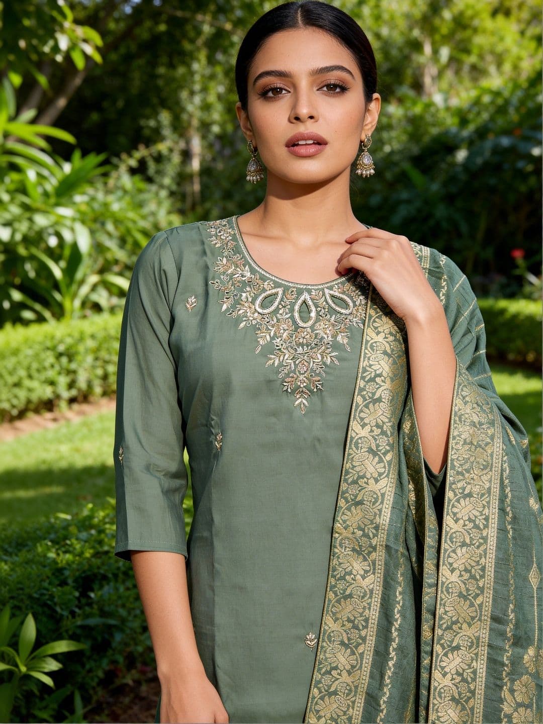 KALINI Women Ethnic Motifs Embroidered Regular Thread Work Kurta with Trousers & With Dupatta thumbnail 4