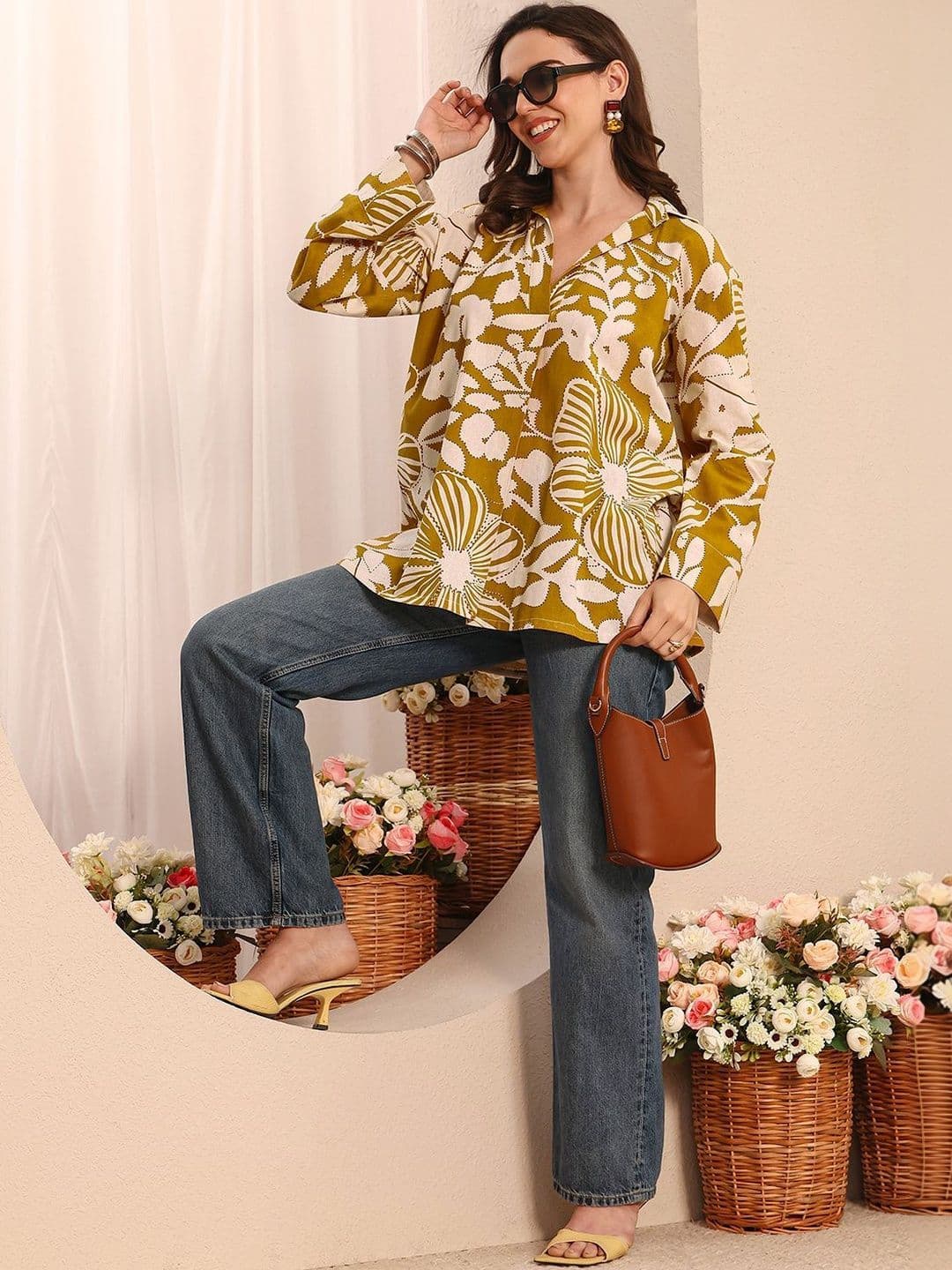 Libas Mustard Floral Printed Cotton Straight Short Kurti thumbnail 3