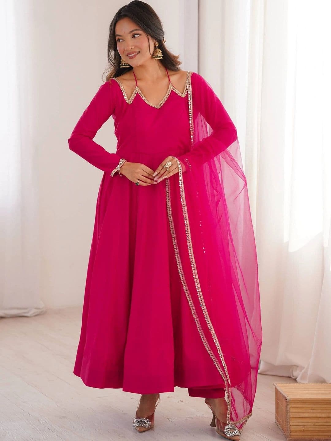 VASTRABELLA Women Regular Gotta Patti Chanderi Silk Kurta with Trousers & With Dupatta - view 1
