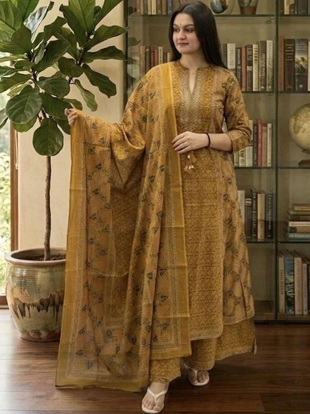 MILAAV Women Ethnic Motifs Printed Regular Thread Work Pure Cotton Kurta with Palazzos & With Dupatta thumbnail 3