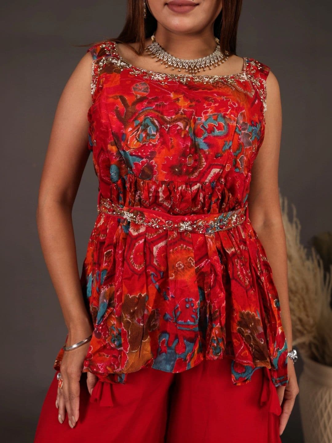 JASON XTREME Women Floral Printed Tiered Sequinned Kurti with Palazzos & With Dupatta thumbnail 2
