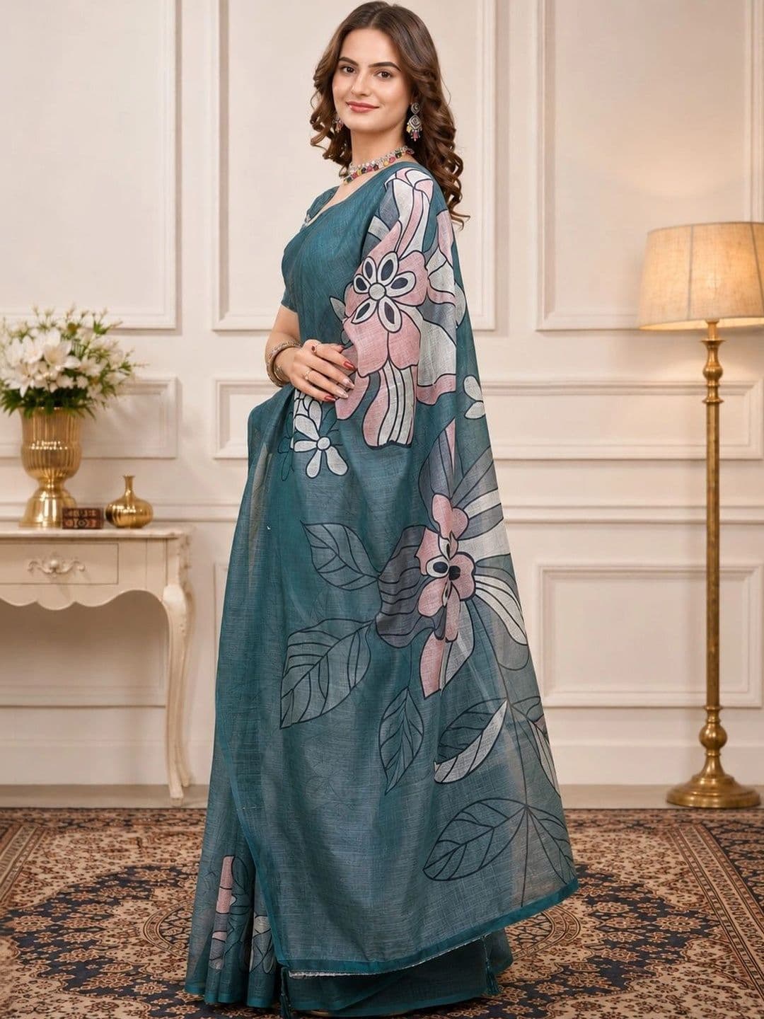 V3 FASHION STUDIO Floral Zari Linen Blend Designer Block Print Saree thumbnail 3