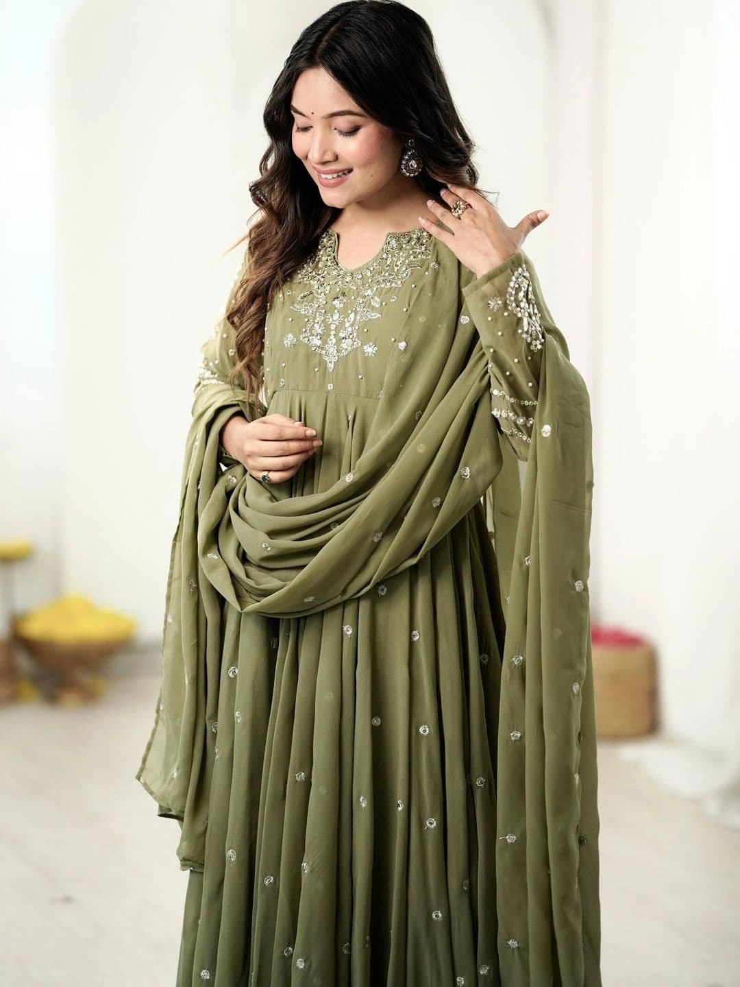 VASTRABELLA Women Ethnic Motifs Embroidered Empire Sequinned Silk Georgette Kurta with Trousers & With thumbnail 5