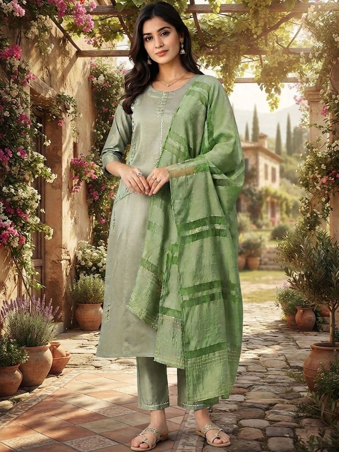 Mitera Women Regular Thread Work Chanderi Cotton Kurta with Trousers & With Dupatta - view 1