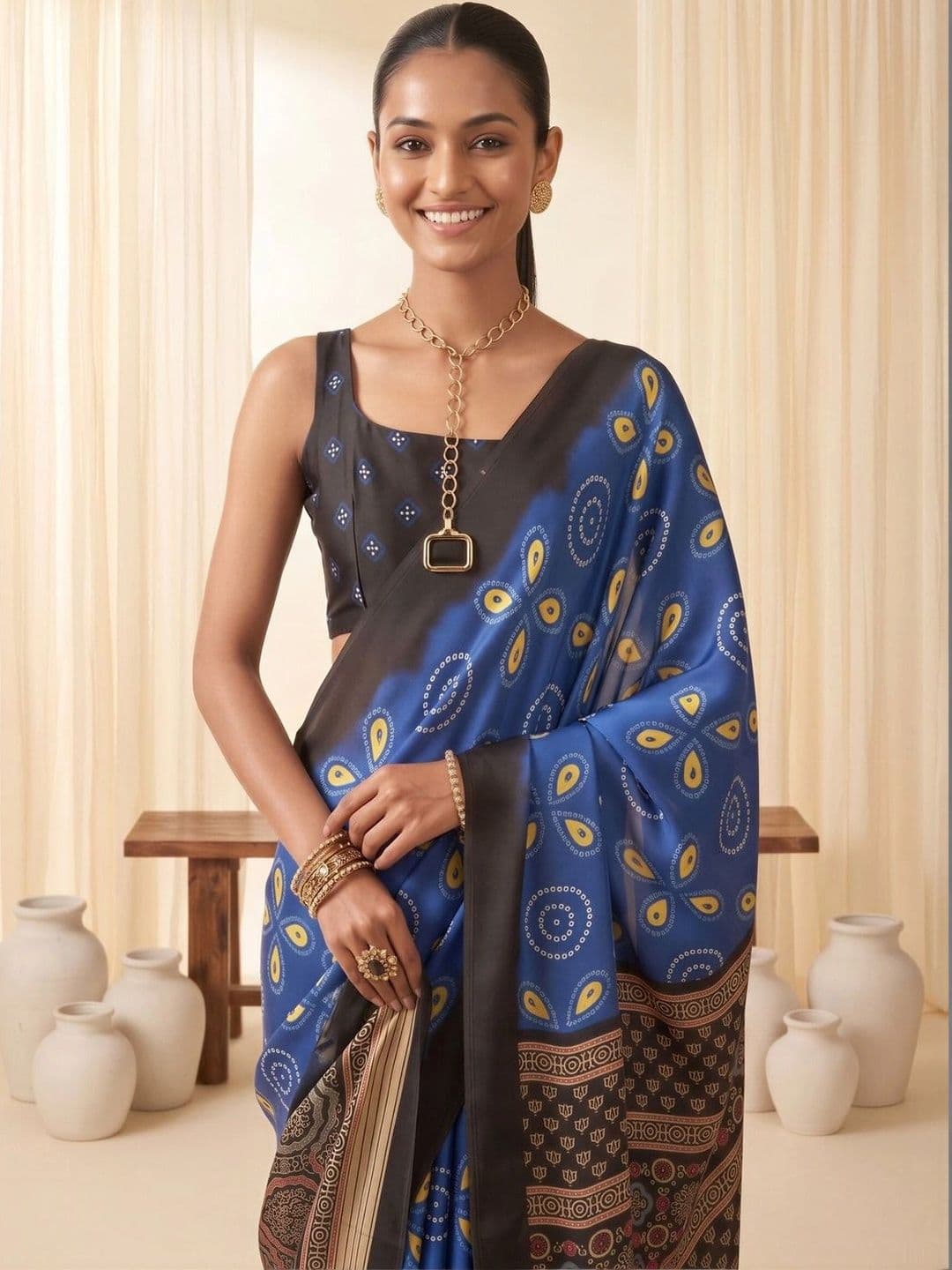 Saree mall women Bagh Satin Designer Block Print Sarees thumbnail 5