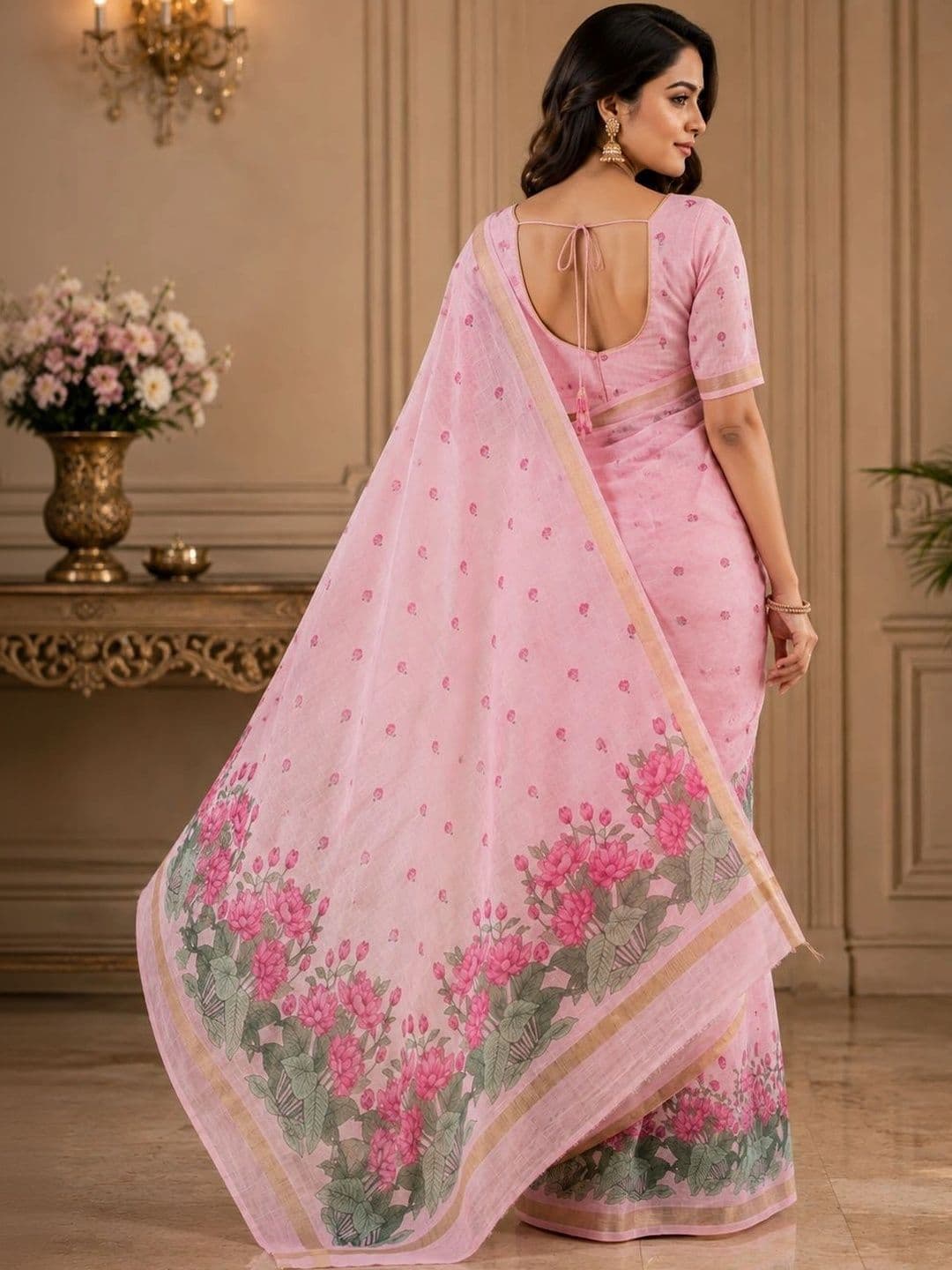 PMD Fashion Floral Pure Linen Handloom Saree thumbnail 2