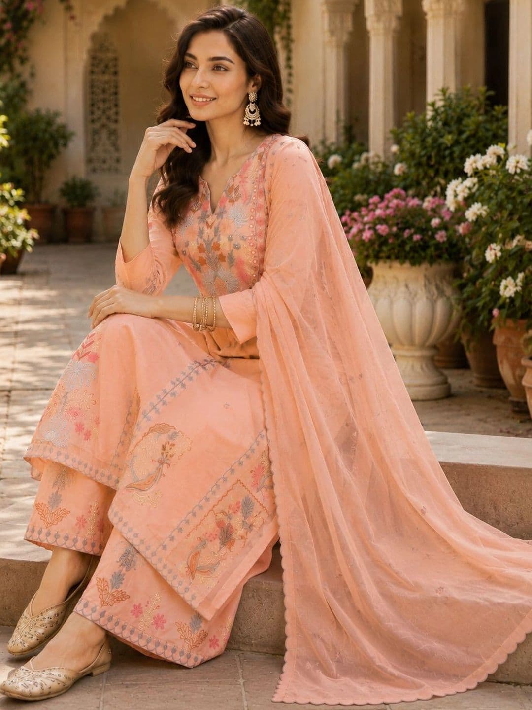 Mitera Women Ethnic Motifs Embroidered Regular Kurta with Palazzos & With Dupatta thumbnail 6
