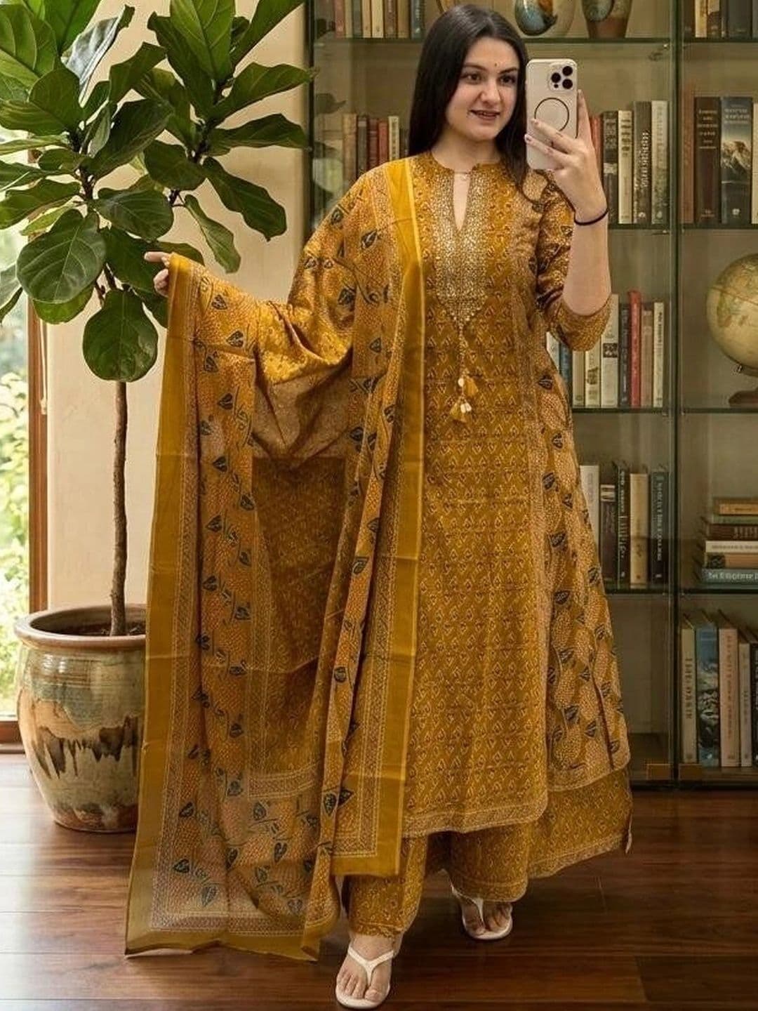 MILAAV Women Ethnic Motifs Printed Regular Thread Work Pure Cotton Kurta with Palazzos & With Dupatta - view 1