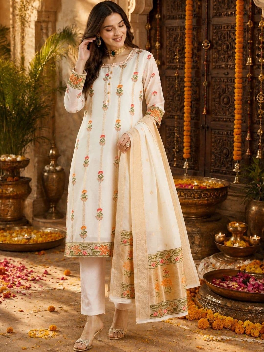Mitera Women Ethnic Motifs Embroidered Regular Thread Work Chanderi Silk Kurta with Trousers & With Dupatta thumbnail 2