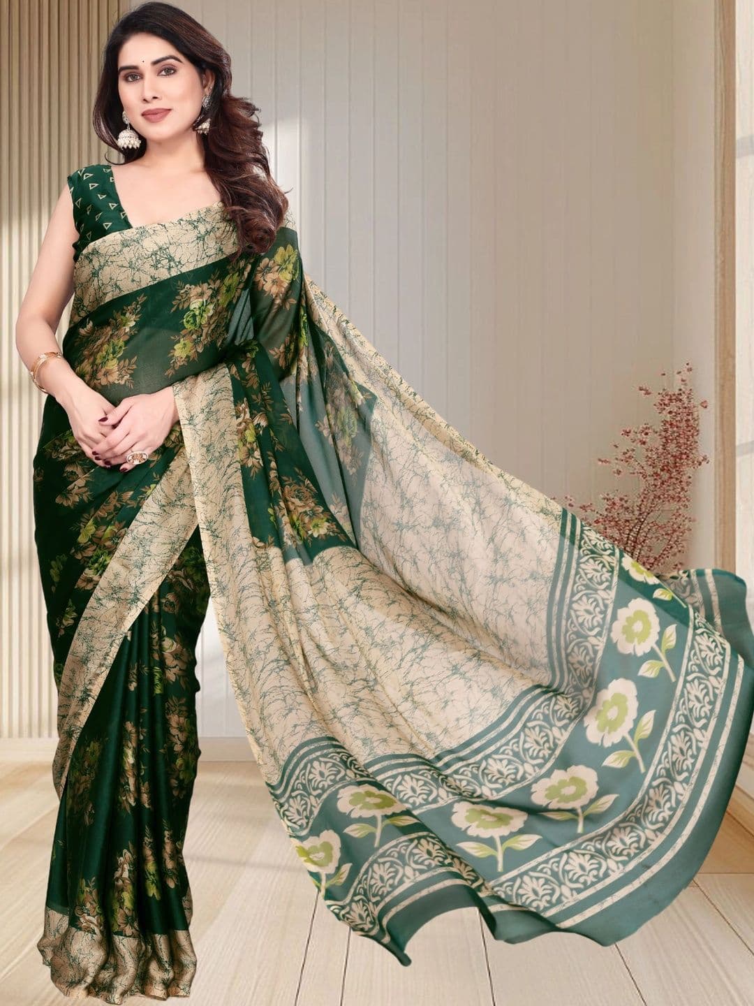 Owee Floral Pure Chiffon Fusion Saree - view 1