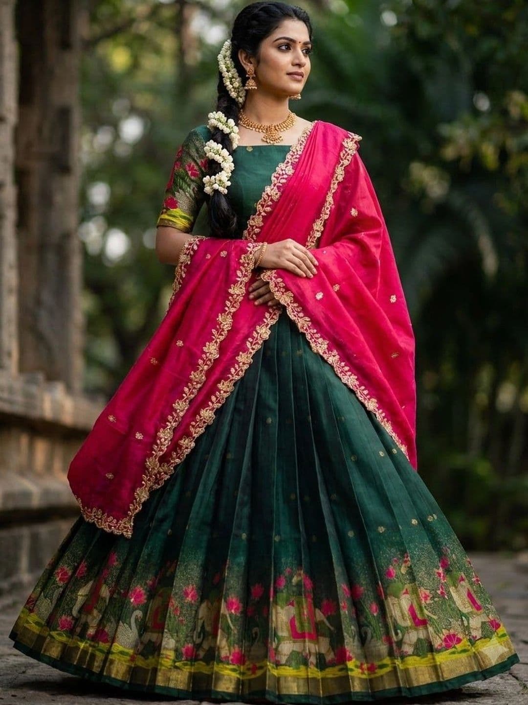 Pink Bindi Embroidered Semi-Stitched Lehenga & Unstitched Blouse With Dupatta thumbnail 2