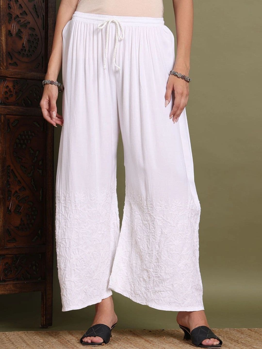 HERE&NOW Women's Chikankari Embroidered Wide-Leg Palazzos thumbnail 4