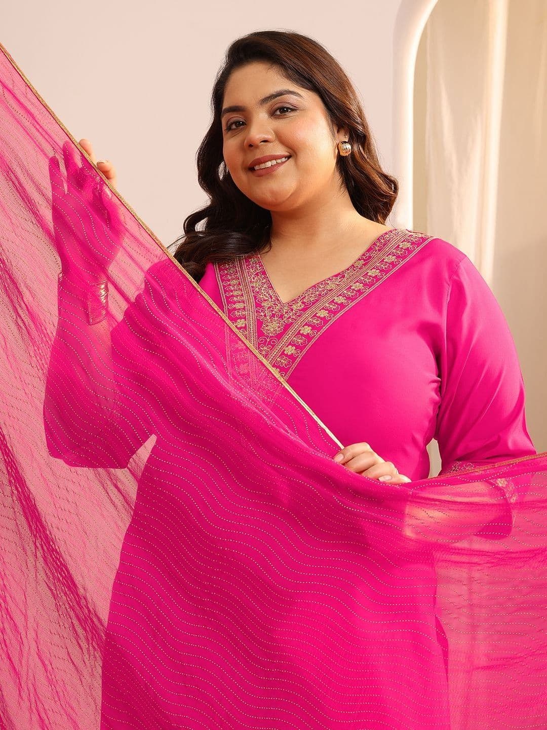 EXTRA LOVE BY LIBAS Plus Size Pink Yoke Design Silk Blend Straight Suit Set With Dupatta - view 1