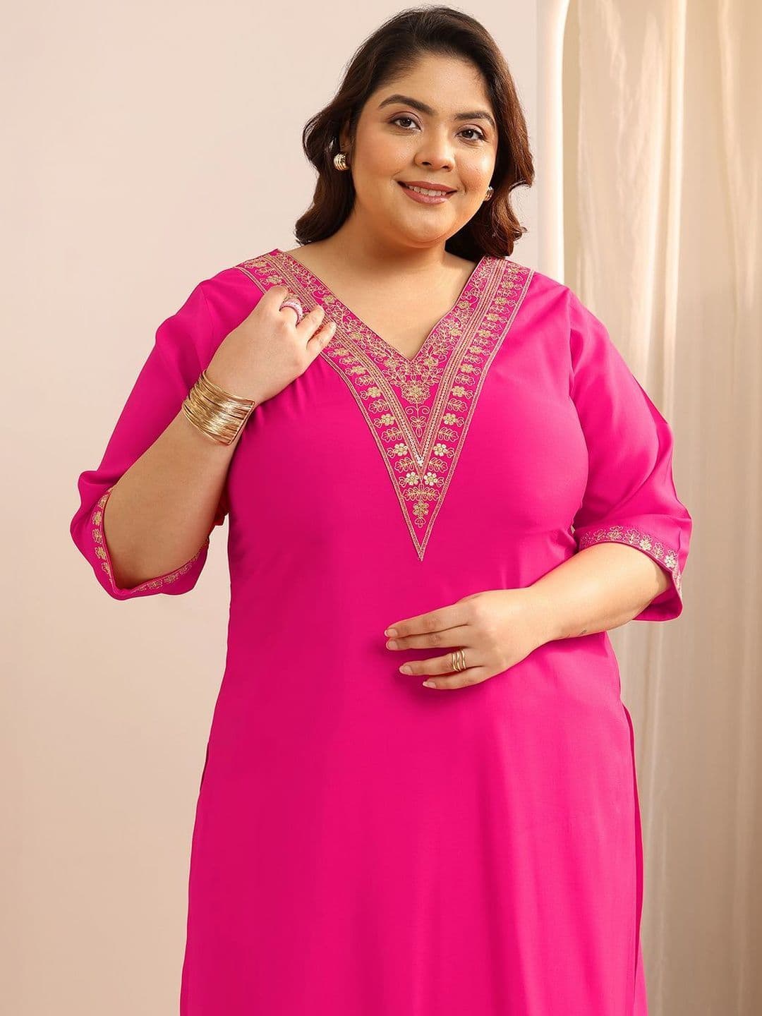 EXTRA LOVE BY LIBAS Plus Size Pink Yoke Design Silk Blend Straight Suit Set With Dupatta thumbnail 4