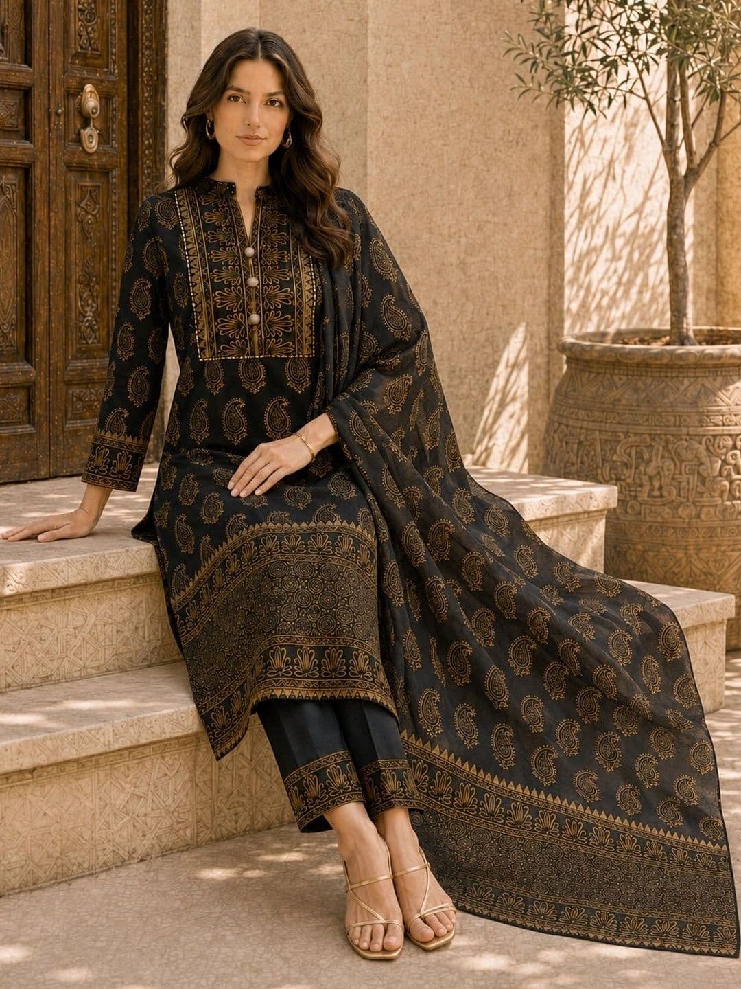 JAIPUR HAND BLOCK Women Paisley Printed Regular Pure Cotton Kurta with Trousers & With Dupatta thumbnail 5