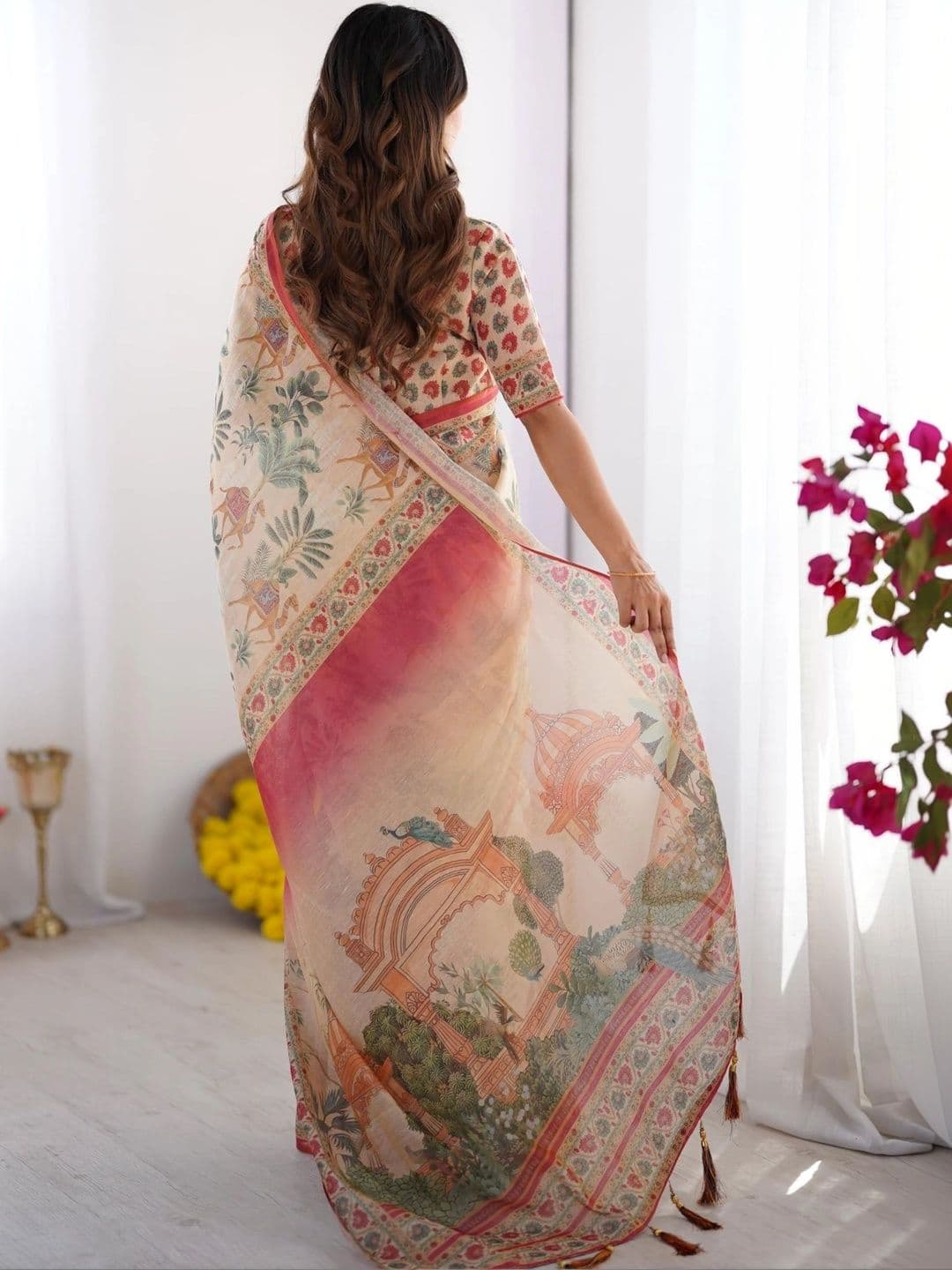 HOUSE OF PRANSHI Warli Linen Blend Jamdani Saree thumbnail 4