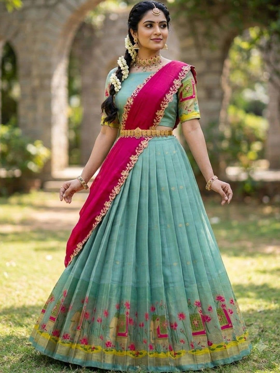 Pink Bindi Printed Semi-Stitched Lehenga & Unstitched Blouse With Dupatta thumbnail 4