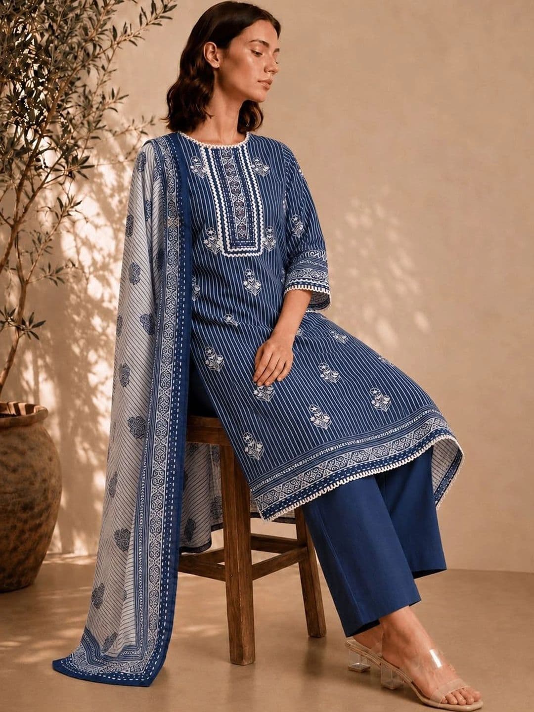 Varanga Women Printed Regular Pure Cotton Kurta And Trousers With Dupatta - view 1