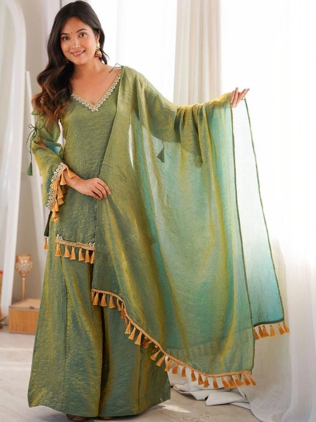 VASTRABELLA Women Regular Gotta Patti Pure Silk Kurta with Sharara & With Dupatta - view 1