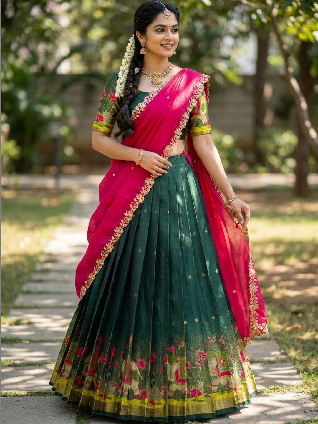 Pink Bindi Embroidered Semi-Stitched Lehenga & Unstitched Blouse With Dupatta thumbnail 5