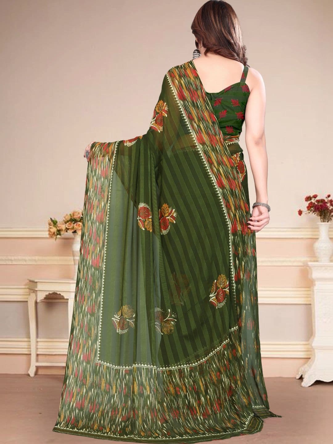 Owee Women Floral Printed Zari Pure Chiffon Designer Saree thumbnail 4