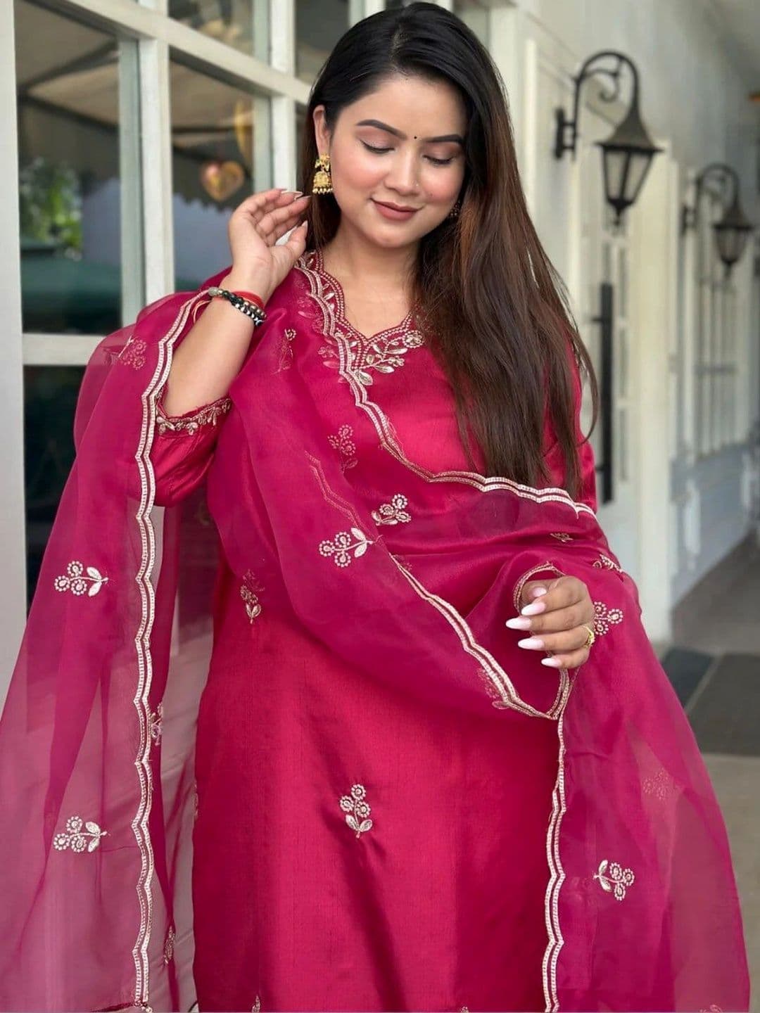 FIC FUSION CULTURE Women Ethnic Motifs Embroidered Regular Thread Work Kurta with Trousers & With Dupatta thumbnail 2