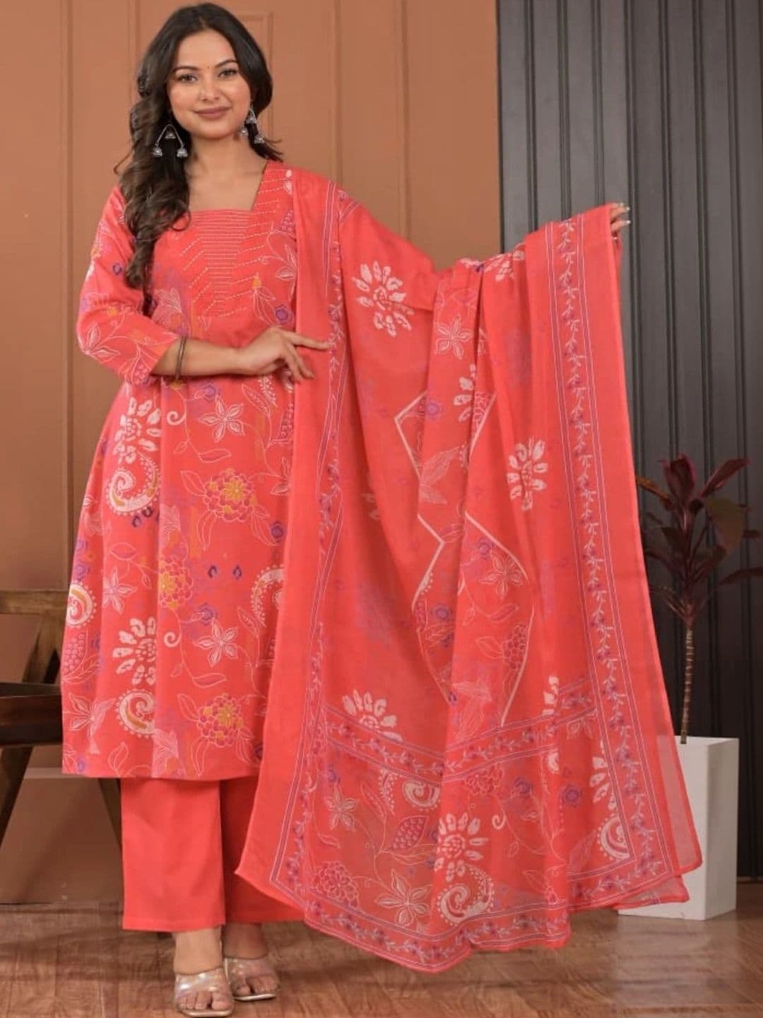 HERE&NOW Women Floral Printed Regular Pure Cotton Kurta with Palazzos & With Dupatta - view 1