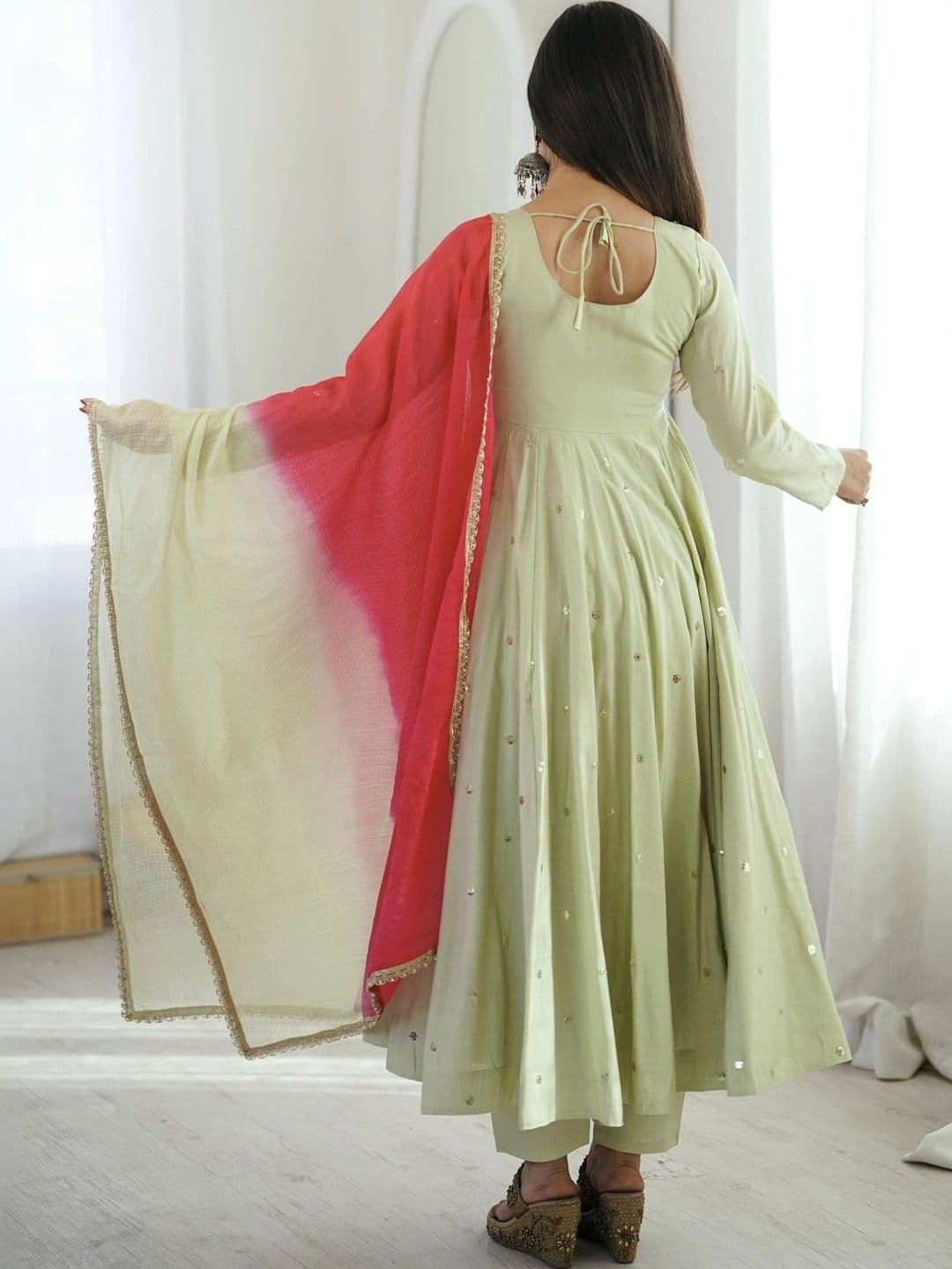 VASTRABELLA Women Embroidered Empire Mirror Work Kurta with Trousers & With Dupatta thumbnail 5