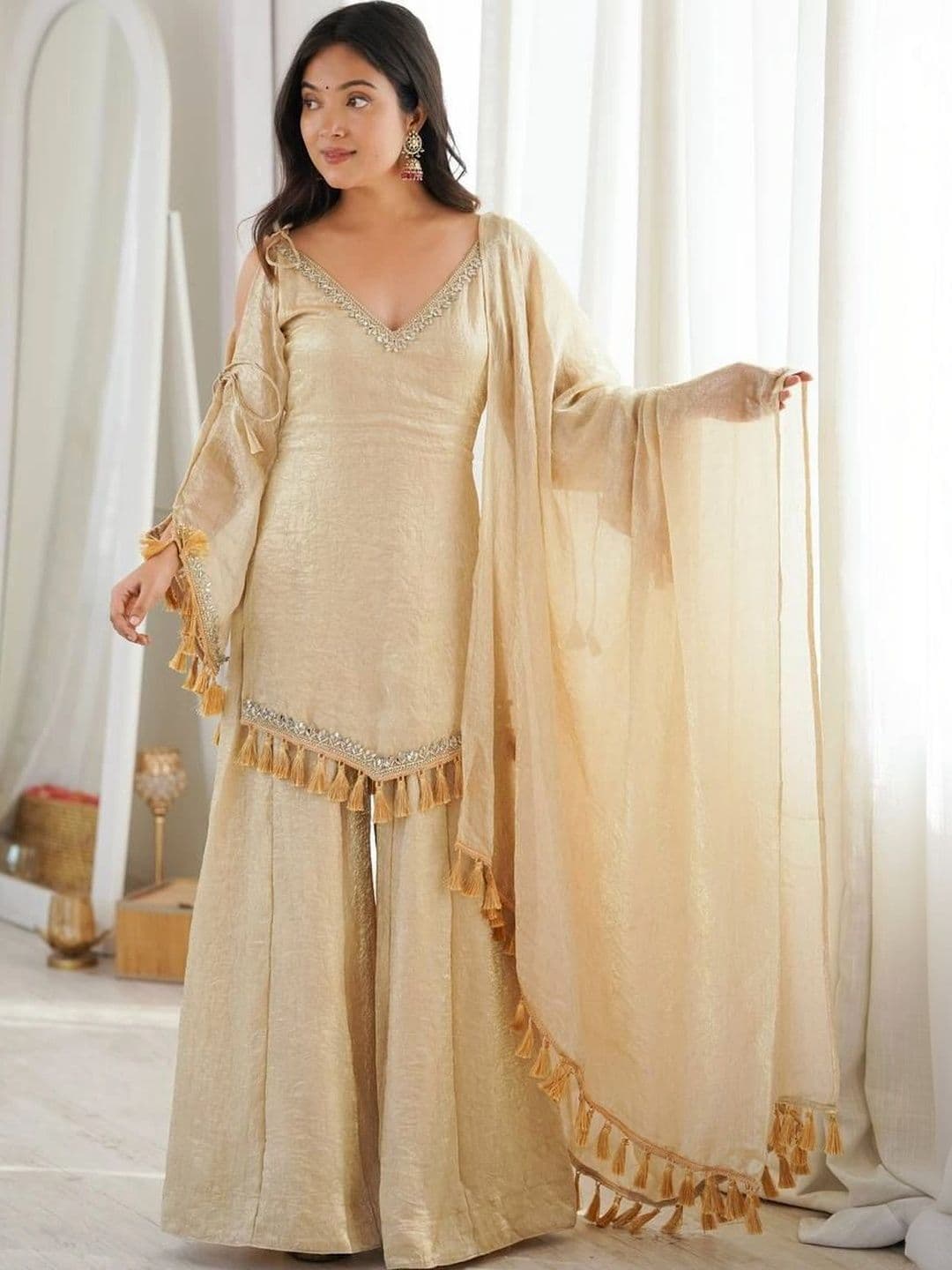 VASTRABELLA Women Regular Gotta Patti Pure Silk Kurta with Sharara & With Dupatta - view 1