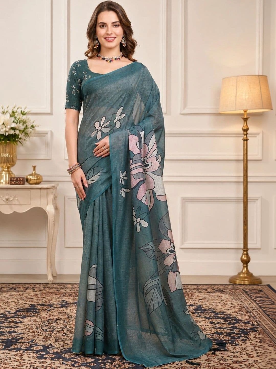 V3 FASHION STUDIO Floral Zari Linen Blend Designer Block Print Saree - view 1