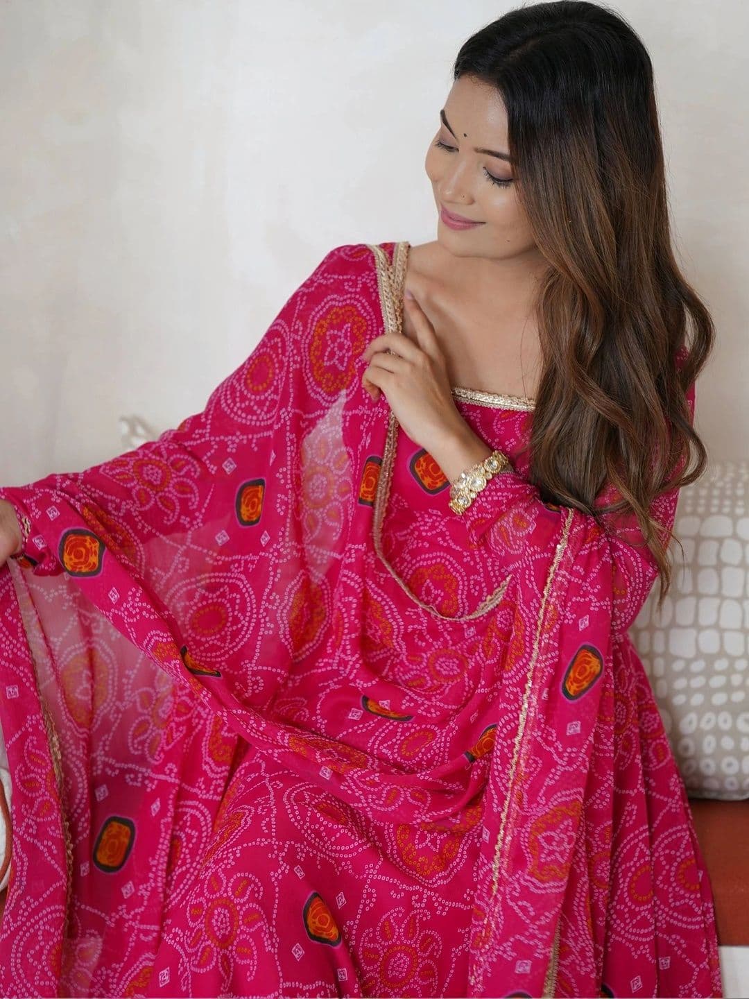 VASTRABELLA Women Bandhani Printed Tiered Silk Chiffon Kurta with Palazzos & With Dupatta thumbnail 2