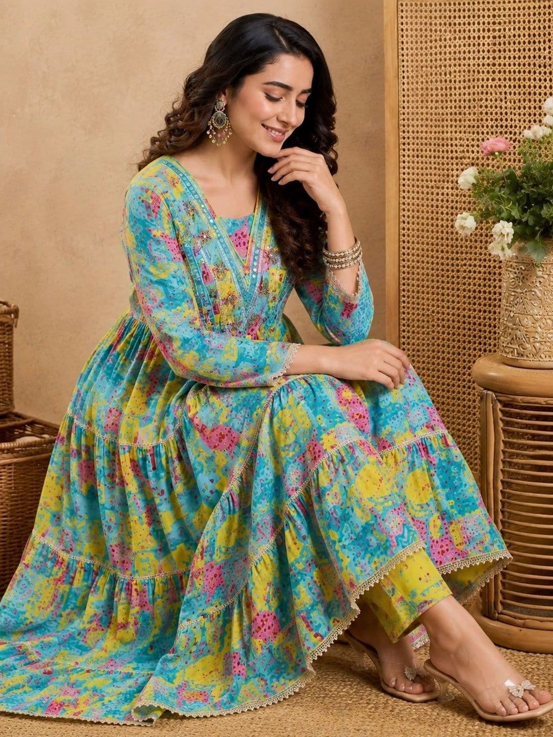 Sangria Printed Mirror Work Anarkali Kurta Set With Tasseled Dupatta thumbnail 3