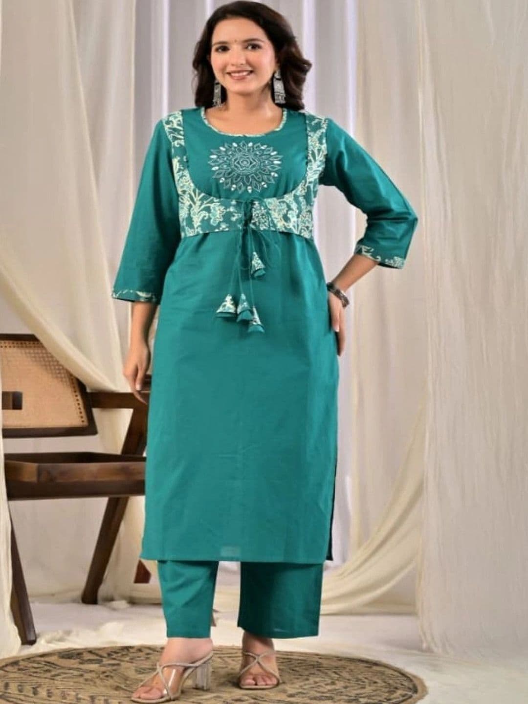 HERE&NOW Women Ethnic Motifs Embroidered Regular Thread Work Pure Cotton Kurta with Trousers & With Dupatta thumbnail 3