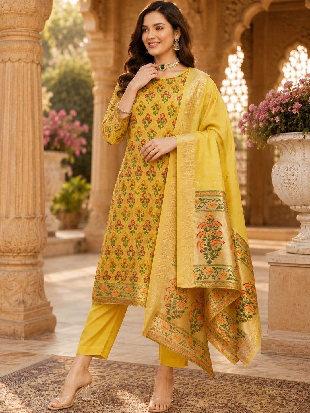 Mitera Women Ethnic Motifs Printed Regular Chanderi Cotton Kurta with Trousers & With Dupatta thumbnail 2