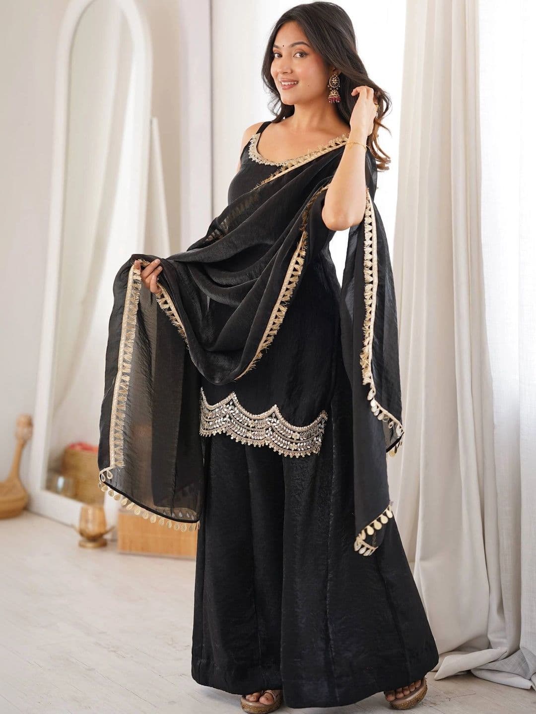 VASTRABELLA Women Ethnic Motifs Regular Gotta Patti Pure Silk Kurta with Sharara & With Dupatta thumbnail 3