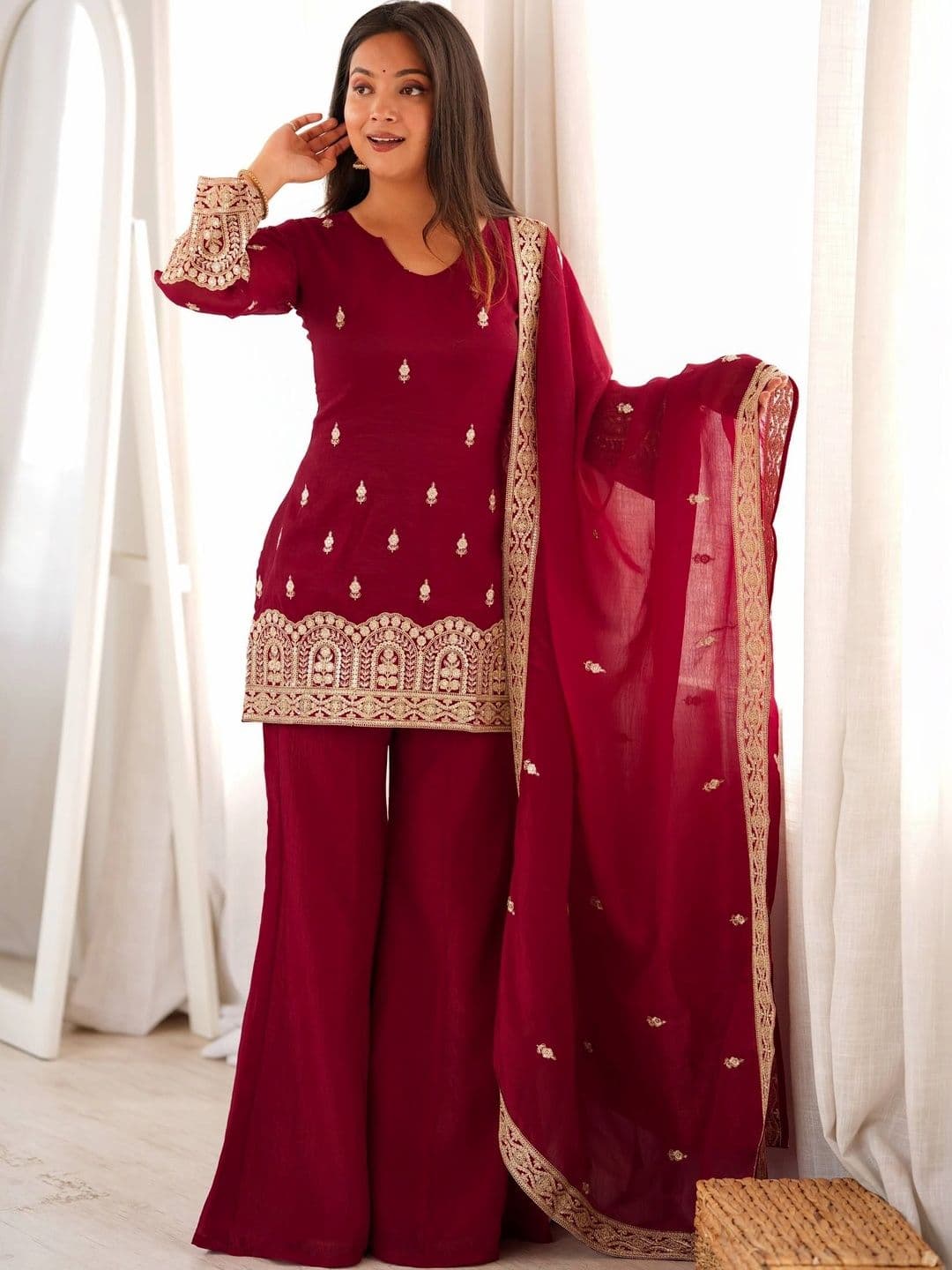 VASTRABELLA Women Ethnic Motifs Embroidered Regular Kurta with Palazzos & With Dupatta - view 1