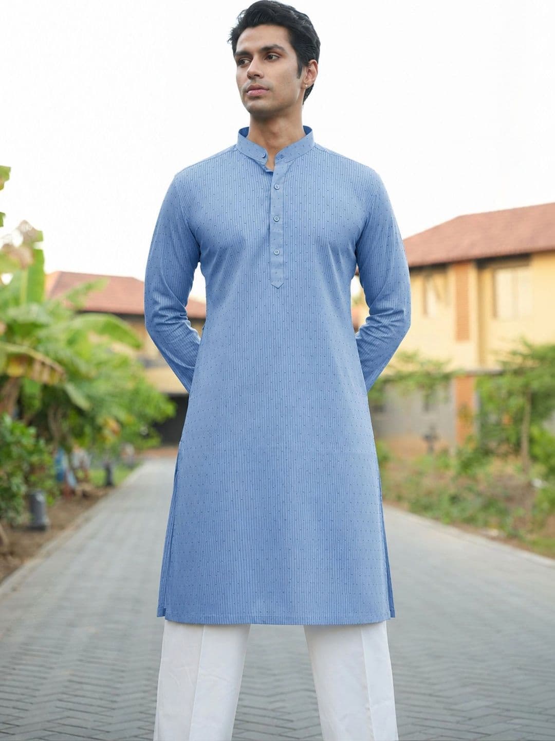 Anouk Men's Blue Self-Design Cotton Straight Kurta thumbnail 5