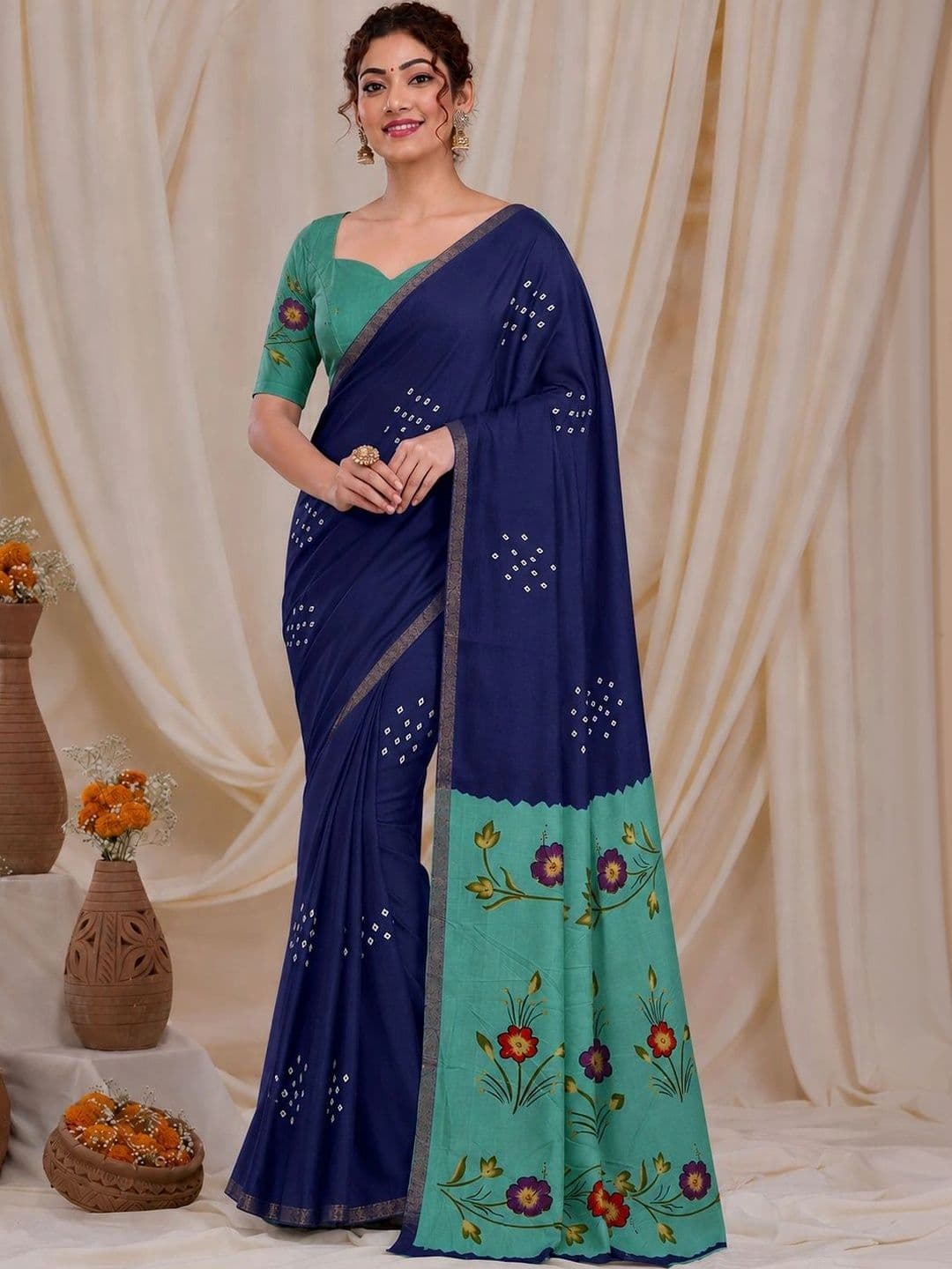 RegalDrapes Floral Zari Bandhani Saree - view 1