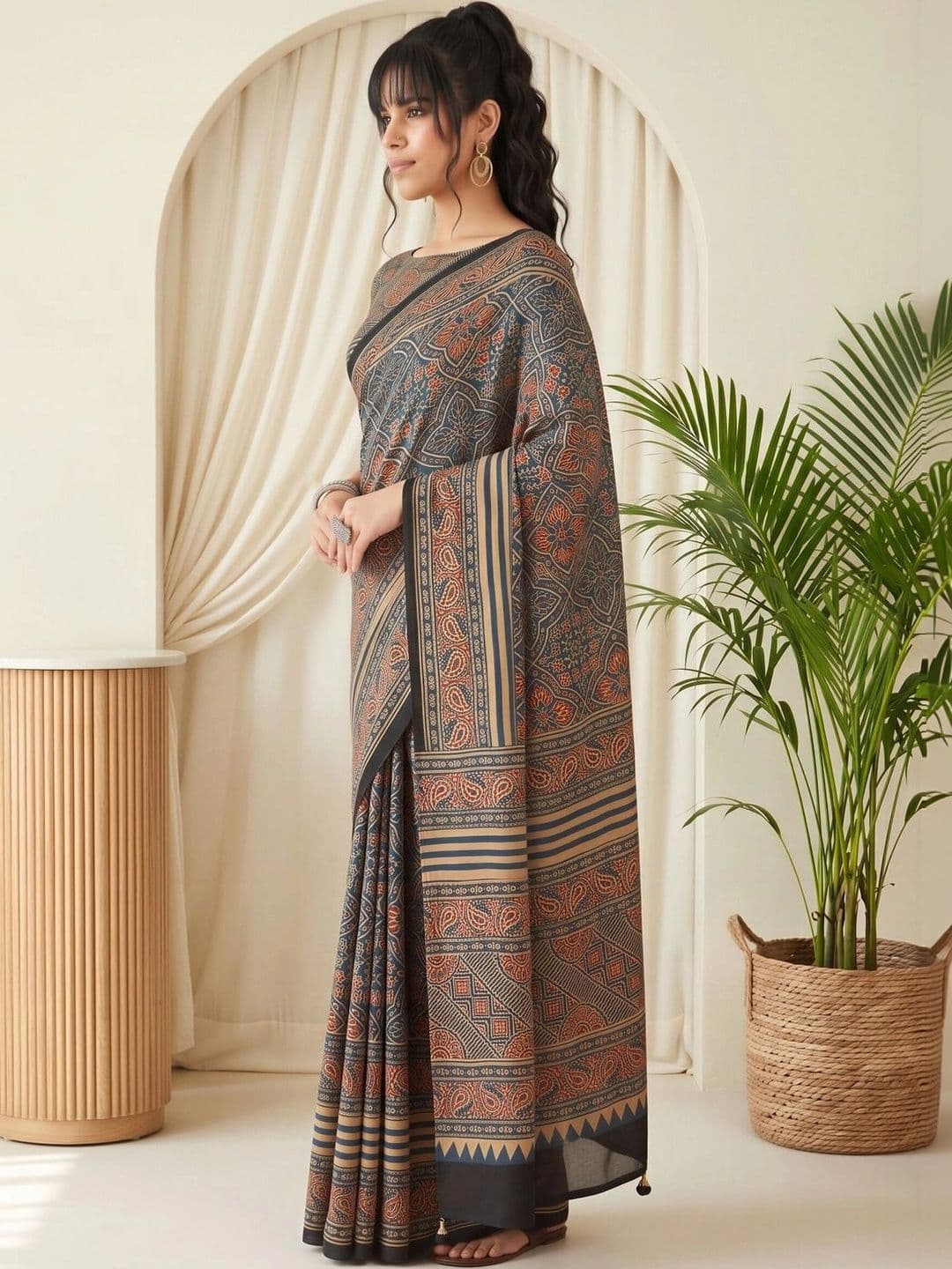 Saree mall Kalamkari Silk Blend Designer Block Print Sarees thumbnail 5
