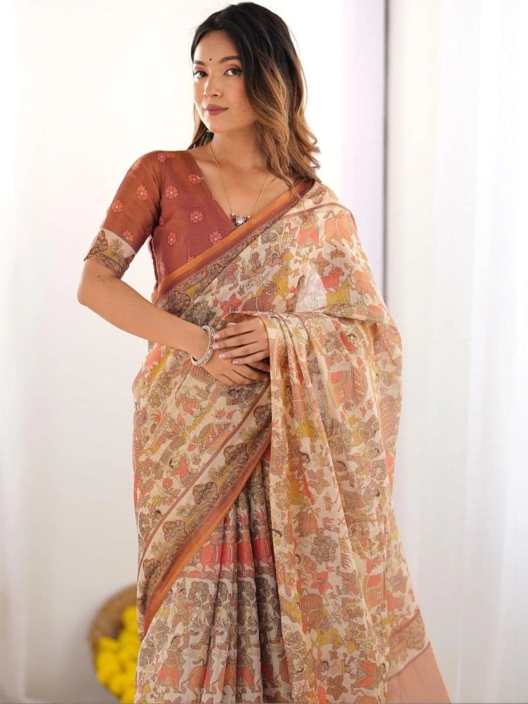HOUSE OF PRANSHI Kalamkari Linen Blend Jamdani Saree thumbnail 2