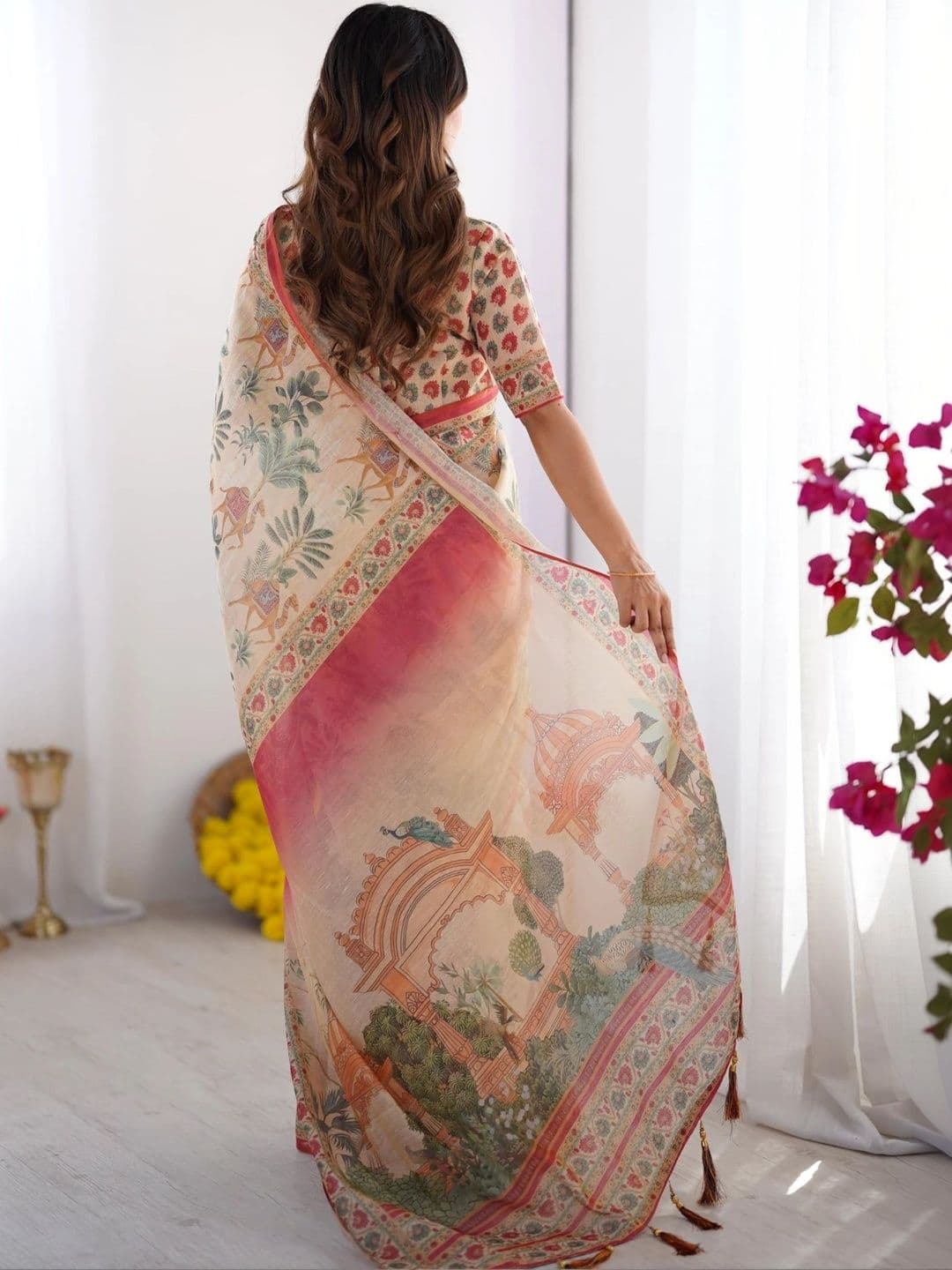 HOUSE OF PRANSHI Floral Linen Blend Jamdani Saree thumbnail 5