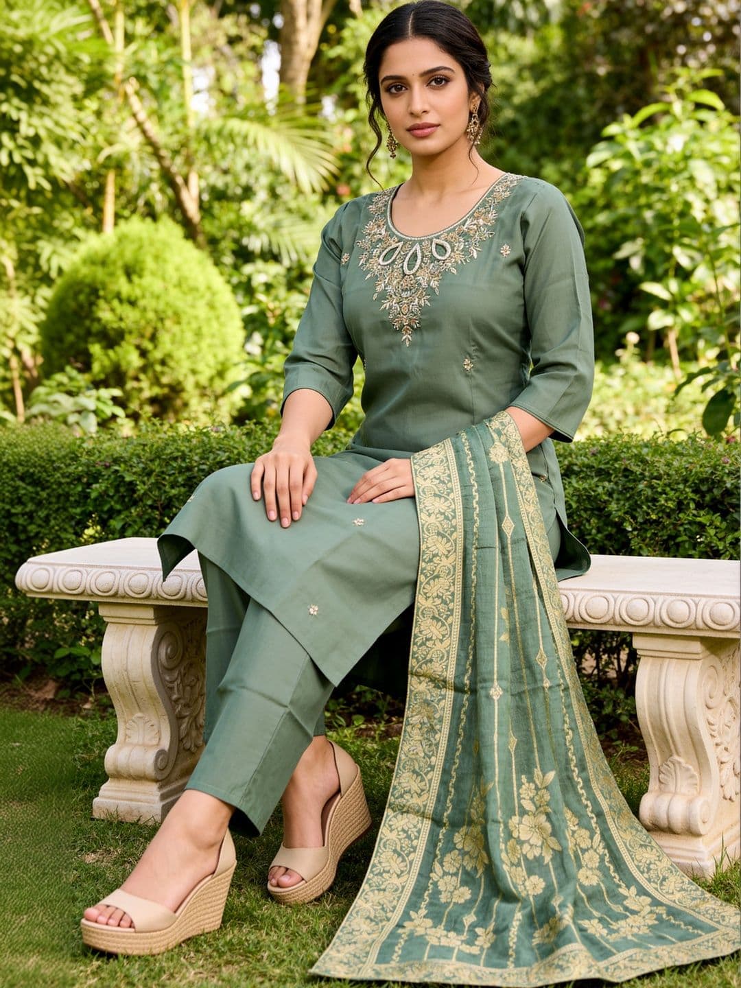KALINI Women Ethnic Motifs Embroidered Regular Thread Work Kurta with Trousers & With Dupatta thumbnail 3