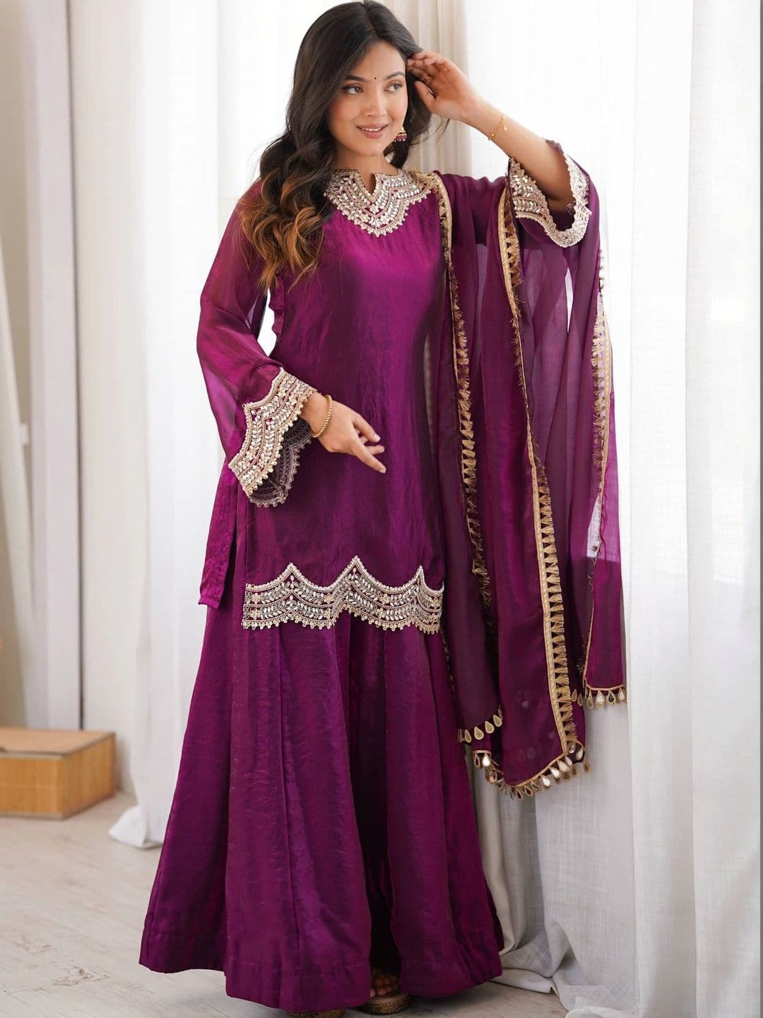 VASTRABELLA Women Ethnic Motifs Embroidered Regular Pure Silk Kurta with Sharara & With Dupatta thumbnail 5
