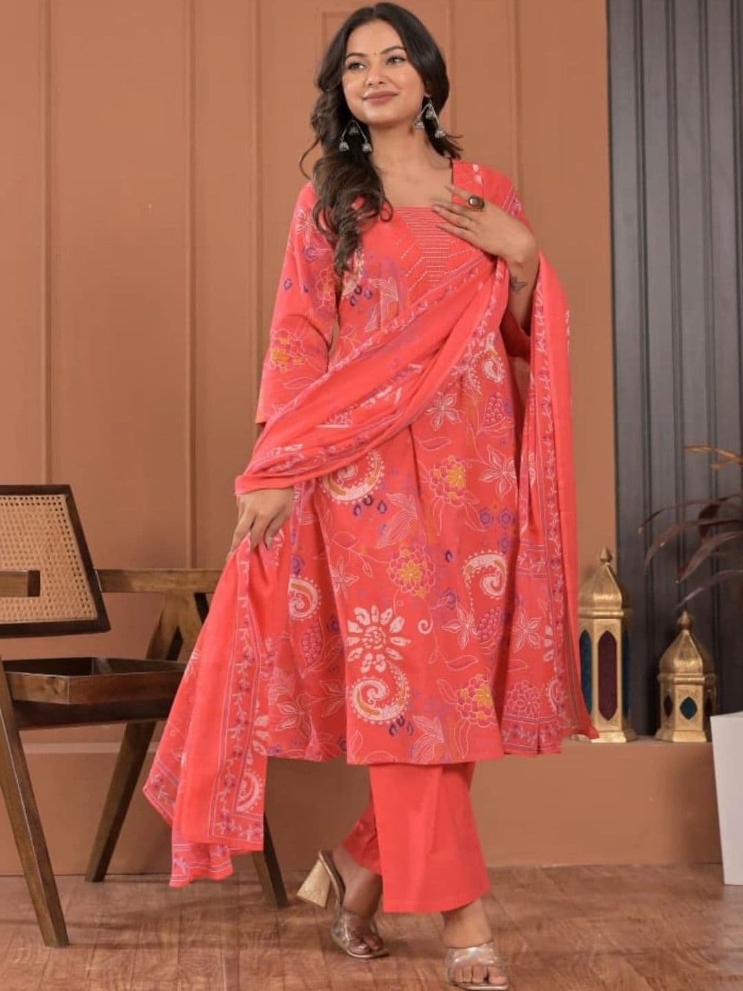 HERE&NOW Women Floral Printed Regular Pure Cotton Kurta with Palazzos & With Dupatta thumbnail 3