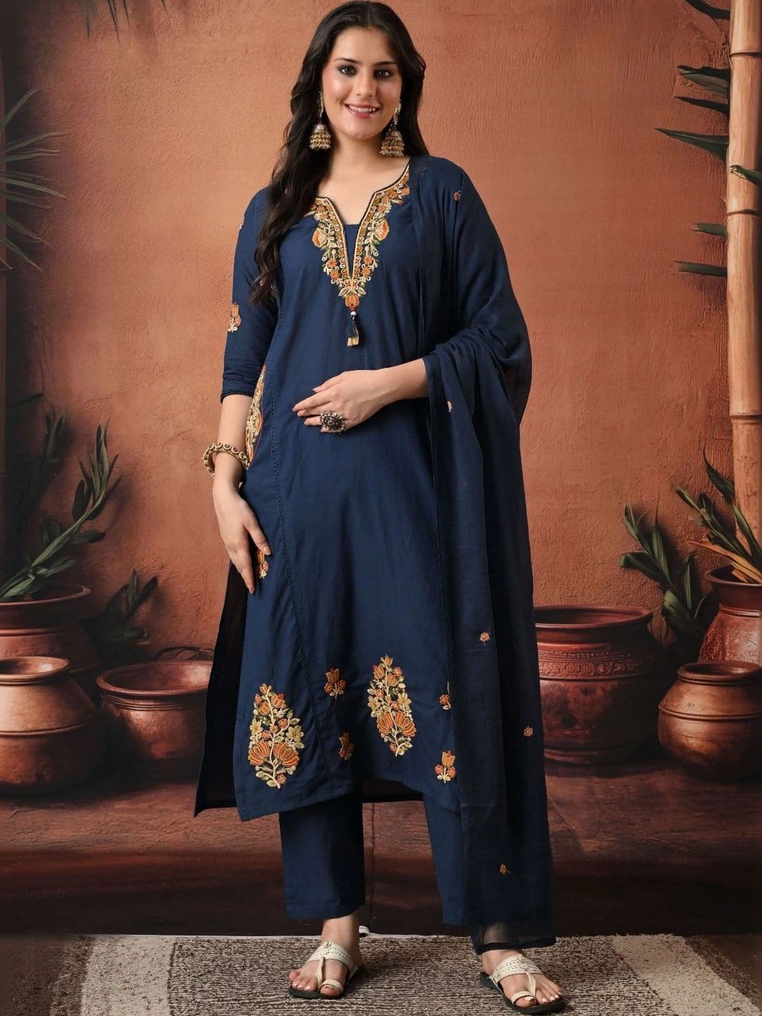 Encourage Women Ethnic Motifs Embroidered Regular Thread Work Kurta with Trousers & With Dupatta - view 1