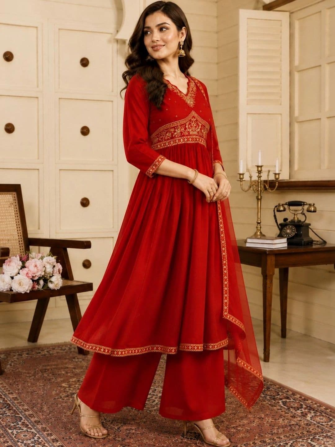 Mitera Women Ethnic Motifs Embroidered Empire Kurta with Palazzos & With Dupatta thumbnail 2