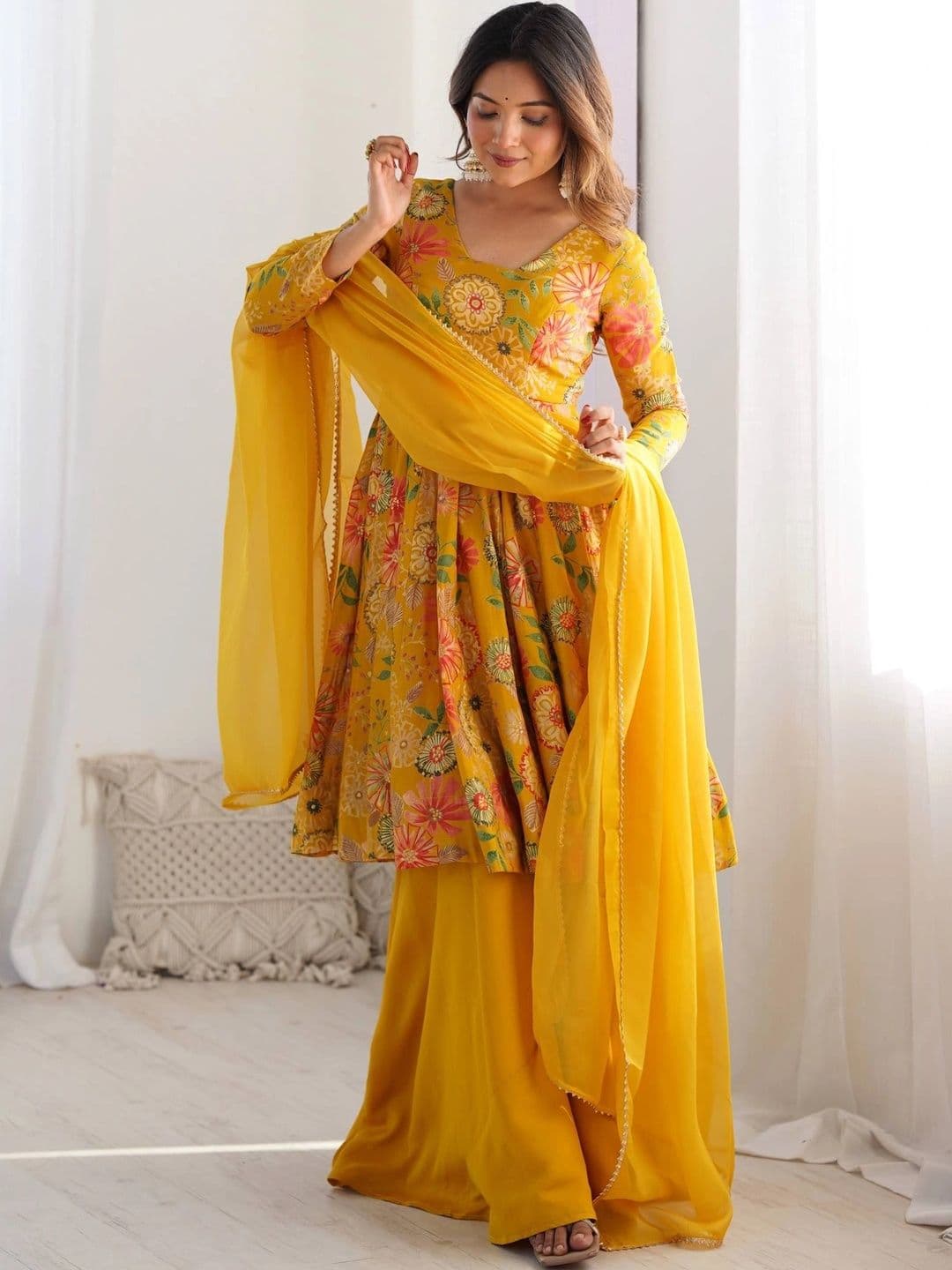 VASTRABELLA Women Floral Printed Empire Chanderi Silk Kurta with Sharara & With Dupatta thumbnail 4