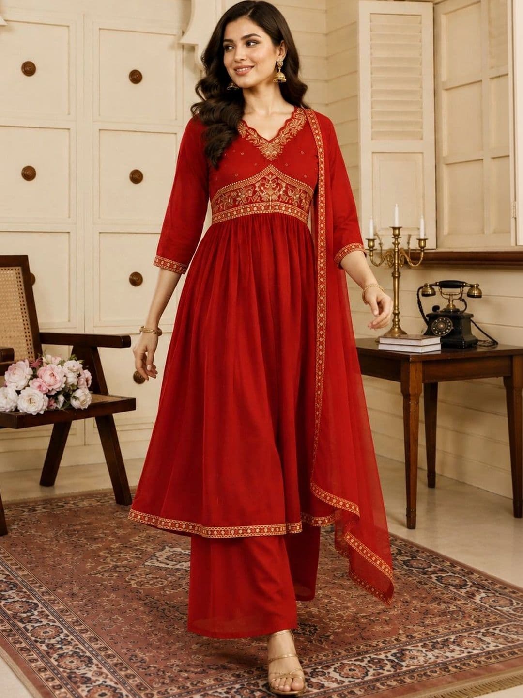 Mitera Women Ethnic Motifs Embroidered Empire Kurta with Palazzos & With Dupatta thumbnail 5