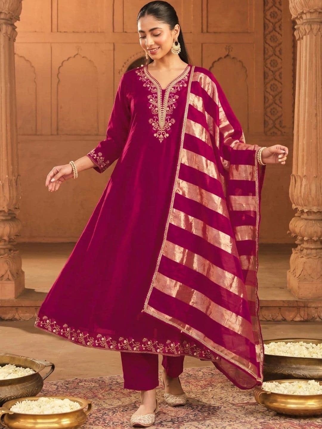 SMITSAREE Women Ethnic Motifs Embroidered Regular Kurta with Trousers & With Dupatta - view 1